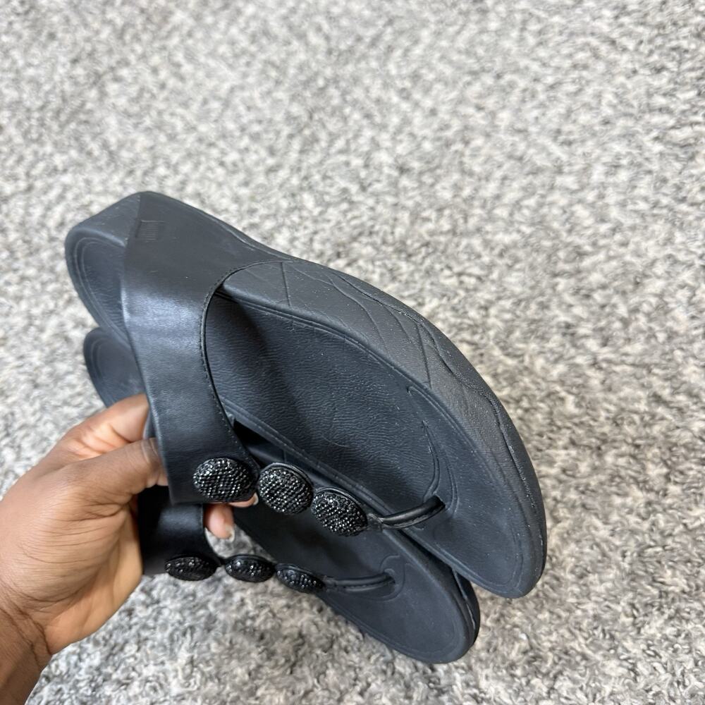 Fitflop Sandals Petra Sugar Jewel Embellished Toe Post Thong Size 7 Black Wedge - Picture 3 of 6